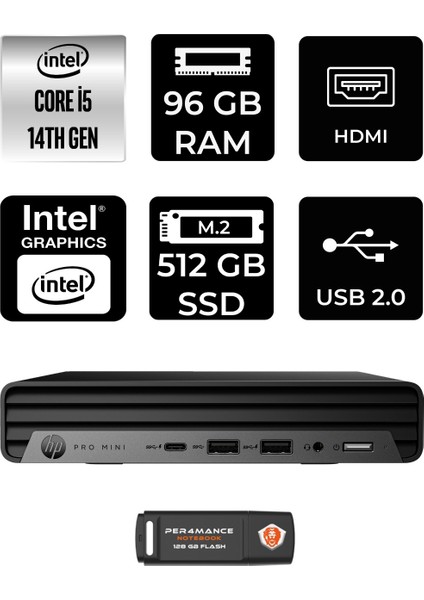 Pro Mini 400 G9 Intel Core I5 14500T 96GB 512GB SSD Windows 11 Pro Mini Masaüstü Bilgisayar & Per4 USB Bellek 937R4EAPN417