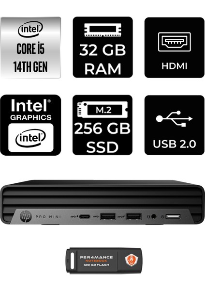 Pro Mini 400 G9 Intel Core I5 14500T 32GB 256GB SSD Fdos Mini Masaüstü Bilgisayar & Per4 USB Bellek 937R4EAPN316