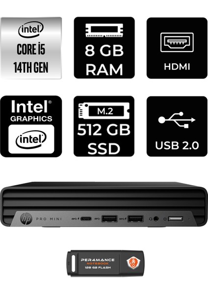 Pro Mini 400 G9 Intel Core I5 14500T 8gb 512GB SSD Fdos Mini Masaüstü Bilgisayar & Per4 USB Bellek 9H6W8ETPN302