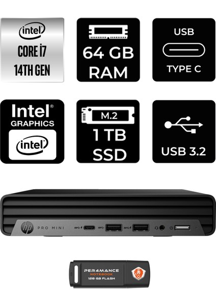 Pro Mini 400 G9 Intel Core I7 14700T 64GB 1tb SSD Windows 11 Home Mini Masaüstü Bilgisayar & Per4 USB Bellek 9H6W0ETPN333