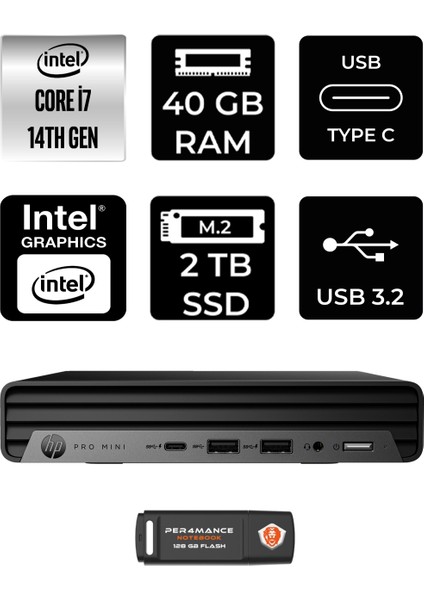 Pro Mini 400 G9 Intel Core I7 14700T 40GB 2tb SSD Windows 11 Pro Mini Masaüstü Bilgisayar & Per4 USB Bellek 9H6W3ETPN404