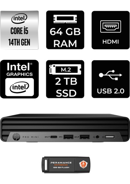 Pro Mini 400 G9 Intel Core I5 14500T 64GB 2tb SSD Fdos Mini Masaüstü Bilgisayar & Per4 USB Bellek 9H6W8ETPN334