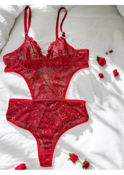 Şık Tasarım Kırmızı Dantelli Transparan Bodysuit