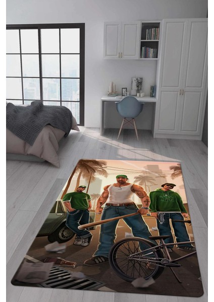 Kaymaz Taban Makinada Yıkanabilir Dijital Baskı Gta Green Hood Desenli Çocuk Odası Halısı Dot Taban Halı BRK12