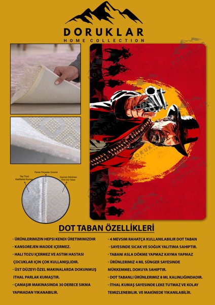 Kaymaz Taban Makinada Yıkanabilir Dijital Baskı Rdr2 Desenli Çocuk Odası Halısı Dot Taban Halı BRK10