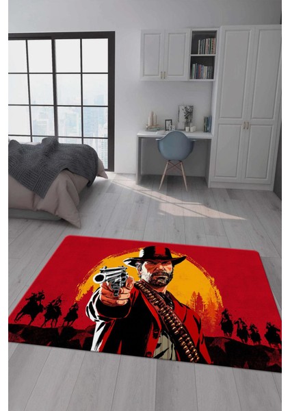 Kaymaz Taban Makinada Yıkanabilir Dijital Baskı Rdr2 Desenli Çocuk Odası Halısı Dot Taban Halı BRK10