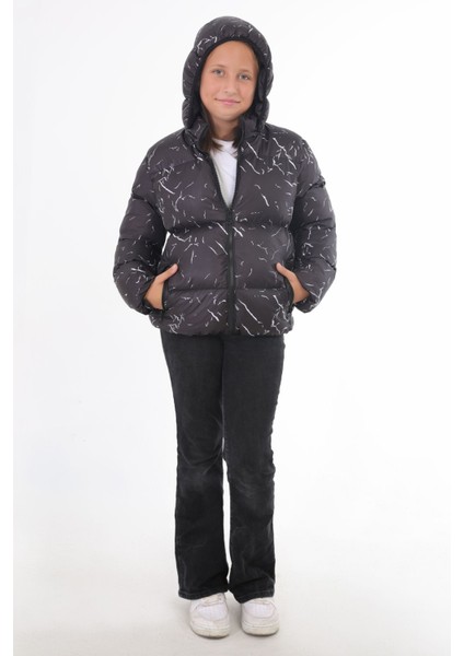 Kız Çocuk Siyah Çıkabilir Kapüşonlu Su ve Rüzgar Geçirmez Kışlık Şişme Mont & Kaban & Parka DCM-110-K