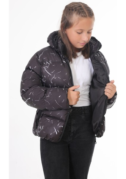 Kız Çocuk Siyah Çıkabilir Kapüşonlu Su ve Rüzgar Geçirmez Kışlık Şişme Mont & Kaban & Parka DCM-110-K