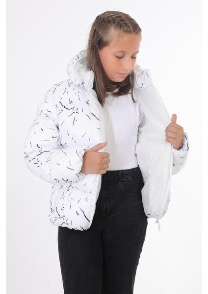 Kız Çocuk Beyaz Çıkabilir Kapüşonlu Su ve Rüzgar Geçirmez Kışlık Şişme Mont & Kaban & Parka DCM-110-K fırsatları