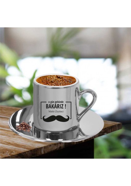 Babalara Kişiye Özel Baskılı Metalik Gümüş Türk Kahvesi Fincan