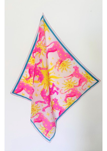 Pembe Panter Desenli Bandana Fular 70 cm x 70 cm