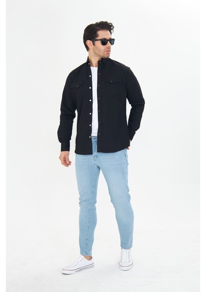 Erkek Siyah Slim Fit Dar Kalıp Çift Cepli Pamuklu Kot Gömlek