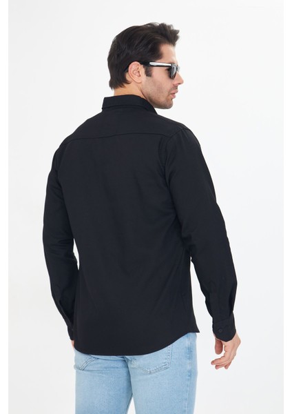Erkek Siyah Slim Fit Dar Kalıp Çift Cepli Pamuklu Kot Gömlek