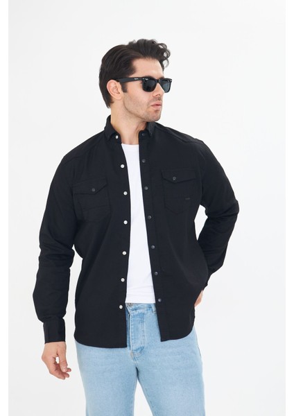 Erkek Siyah Slim Fit Dar Kalıp Çift Cepli Pamuklu Kot Gömlek
