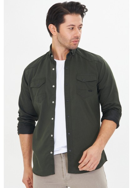 Erkek Haki Slim Fit Dar Kalıp Çift Cepli Pamuklu Kot Gömlek