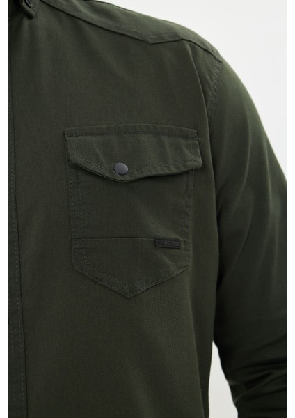 Erkek Haki Slim Fit Dar Kalıp Çift Cepli Pamuklu Kot Gömlek