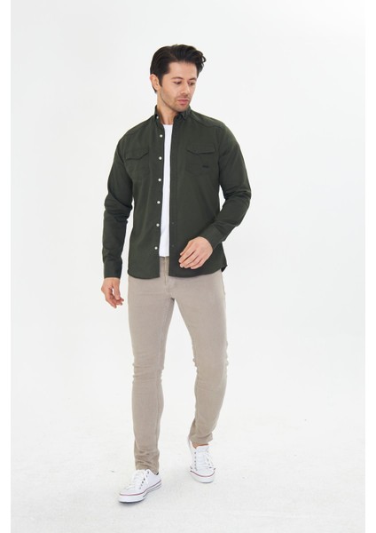 Erkek Haki Slim Fit Dar Kalıp Çift Cepli Pamuklu Kot Gömlek