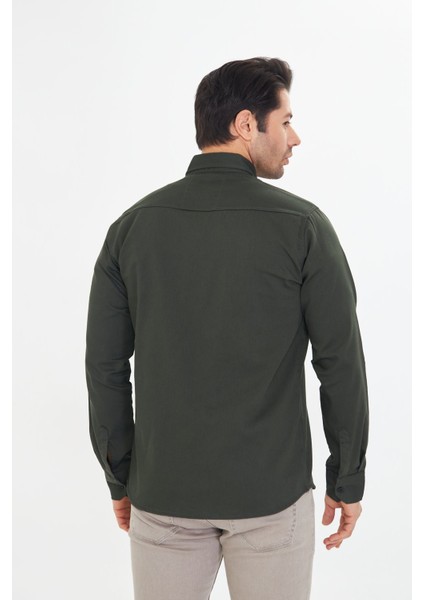 Erkek Haki Slim Fit Dar Kalıp Çift Cepli Pamuklu Kot Gömlek