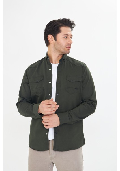 Erkek Haki Slim Fit Dar Kalıp Çift Cepli Pamuklu Kot Gömlek