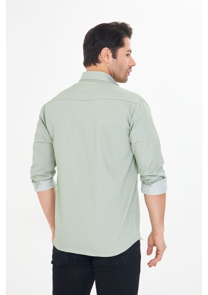 Erkek Su Yeşili Slim Fit Dar Kalıp Çift Cepli Pamuklu Kot Gömlek fırsatları