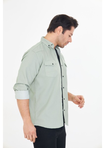 Erkek Su Yeşili Slim Fit Dar Kalıp Çift Cepli Pamuklu Kot Gömlek indirimleri