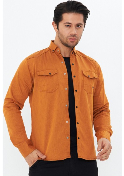Erkek Hardal Slim Fit Dar Kalıp Çift Cepli Pamuklu Kot Gömlek
