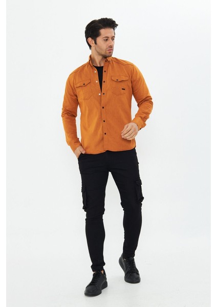 Erkek Hardal Slim Fit Dar Kalıp Çift Cepli Pamuklu Kot Gömlek