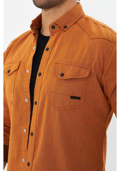 Erkek Hardal Slim Fit Dar Kalıp Çift Cepli Pamuklu Kot Gömlek