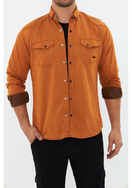 Erkek Hardal Slim Fit Dar Kalıp Çift Cepli Pamuklu Kot Gömlek