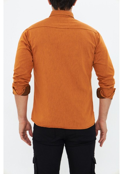 Erkek Hardal Slim Fit Dar Kalıp Çift Cepli Pamuklu Kot Gömlek