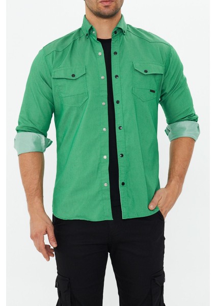 Erkek Yeşil Slim Fit Dar Kalıp Çift Cepli Pamuklu Kot Gömlek