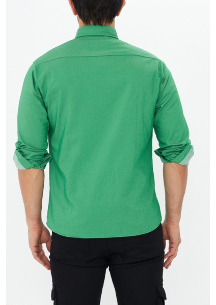 Erkek Yeşil Slim Fit Dar Kalıp Çift Cepli Pamuklu Kot Gömlek