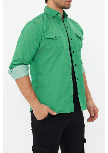 Erkek Yeşil Slim Fit Dar Kalıp Çift Cepli Pamuklu Kot Gömlek