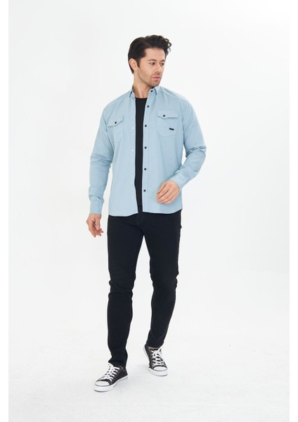 Erkek Mint Slim Fit Dar Kalıp Çift Cepli Pamuklu Kot Gömlek modelleri
