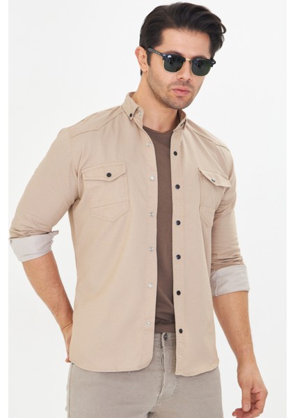 Erkek Vizon Slim Fit Dar Kalıp Çift Cepli Pamuklu Kot Gömlek
