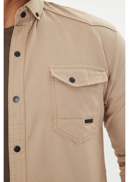 Erkek Vizon Slim Fit Dar Kalıp Çift Cepli Pamuklu Kot Gömlek fiyatları
