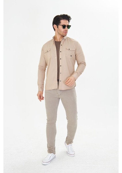 Erkek Vizon Slim Fit Dar Kalıp Çift Cepli Pamuklu Kot Gömlek modelleri