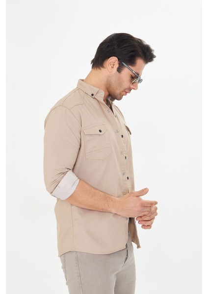Erkek Vizon Slim Fit Dar Kalıp Çift Cepli Pamuklu Kot Gömlek indirimleri