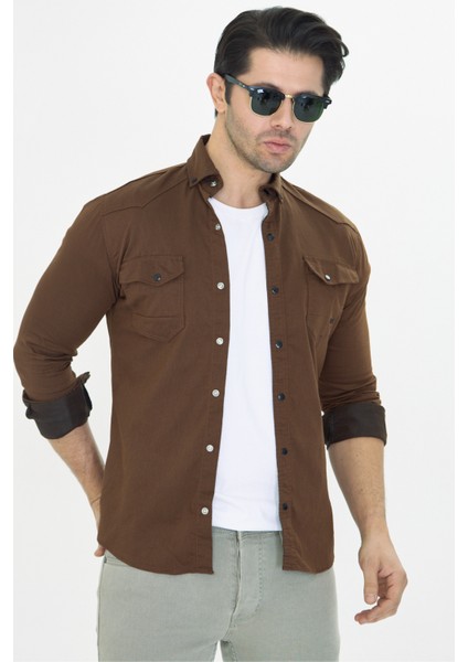 Erkek Kahverengi Slim Fit Dar Kalıp Çift Cepli Pamuklu Kot Gömlek