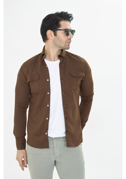 Erkek Kahverengi Slim Fit Dar Kalıp Çift Cepli Pamuklu Kot Gömlek