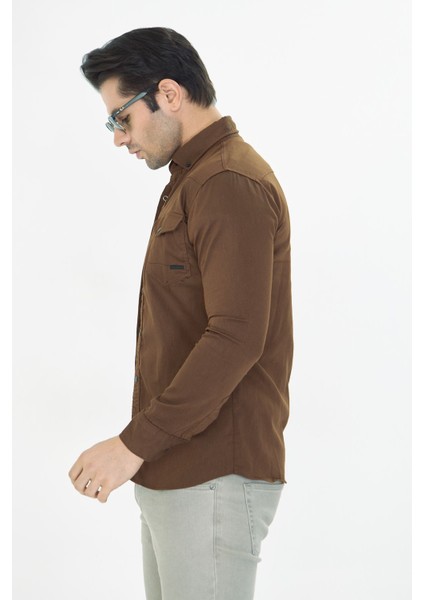 Erkek Kahverengi Slim Fit Dar Kalıp Çift Cepli Pamuklu Kot Gömlek