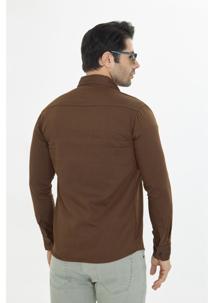 Erkek Kahverengi Slim Fit Dar Kalıp Çift Cepli Pamuklu Kot Gömlek