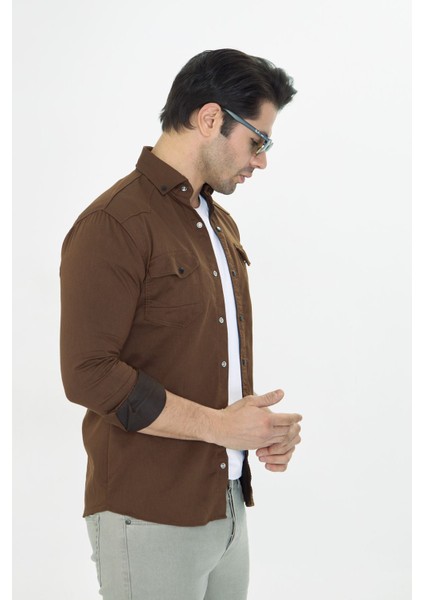 Erkek Kahverengi Slim Fit Dar Kalıp Çift Cepli Pamuklu Kot Gömlek