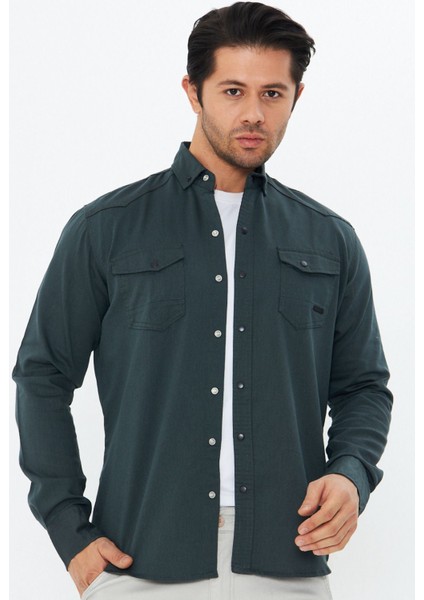 Erkek Neft Slim Fit Dar Kalıp Çift Cepli Pamuklu Kot Gömlek