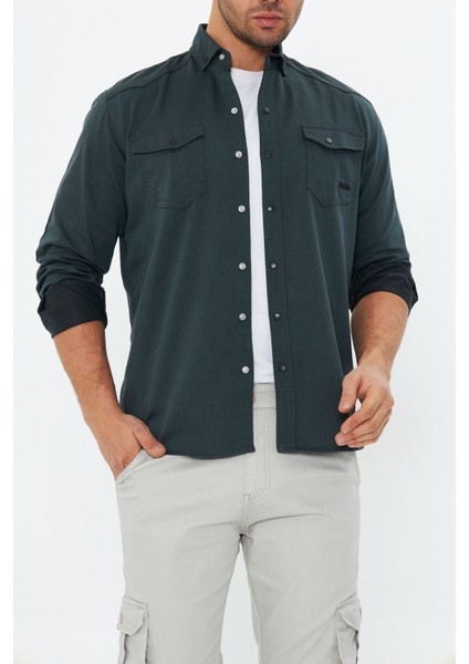 Erkek Neft Slim Fit Dar Kalıp Çift Cepli Pamuklu Kot Gömlek