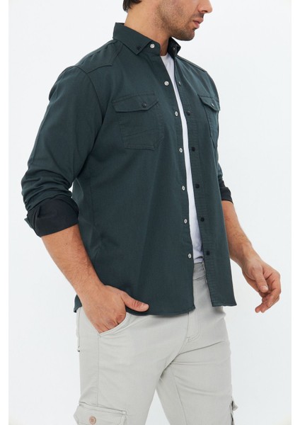 Erkek Neft Slim Fit Dar Kalıp Çift Cepli Pamuklu Kot Gömlek