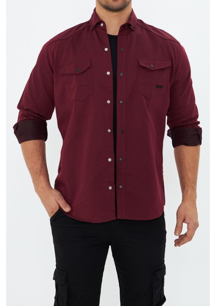 Erkek Bordo Slim Fit Dar Kalıp Çift Cepli Pamuklu Kot Gömlek modelleri