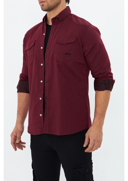 Erkek Bordo Slim Fit Dar Kalıp Çift Cepli Pamuklu Kot Gömlek indirimleri