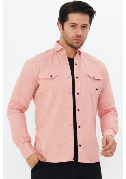 Erkek Pudra Slim Fit Dar Kalıp Çift Cepli Pamuklu Kot Gömlek