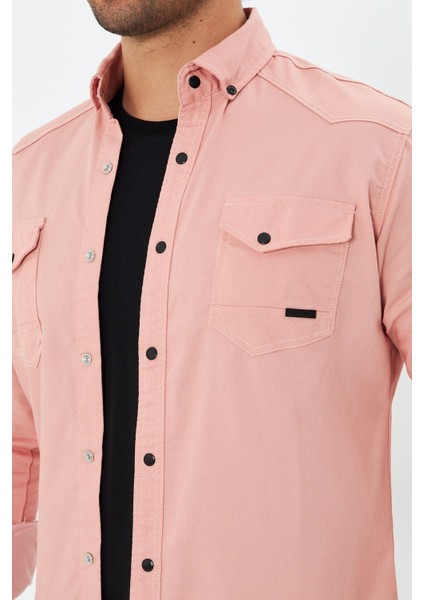 Erkek Pudra Slim Fit Dar Kalıp Çift Cepli Pamuklu Kot Gömlek